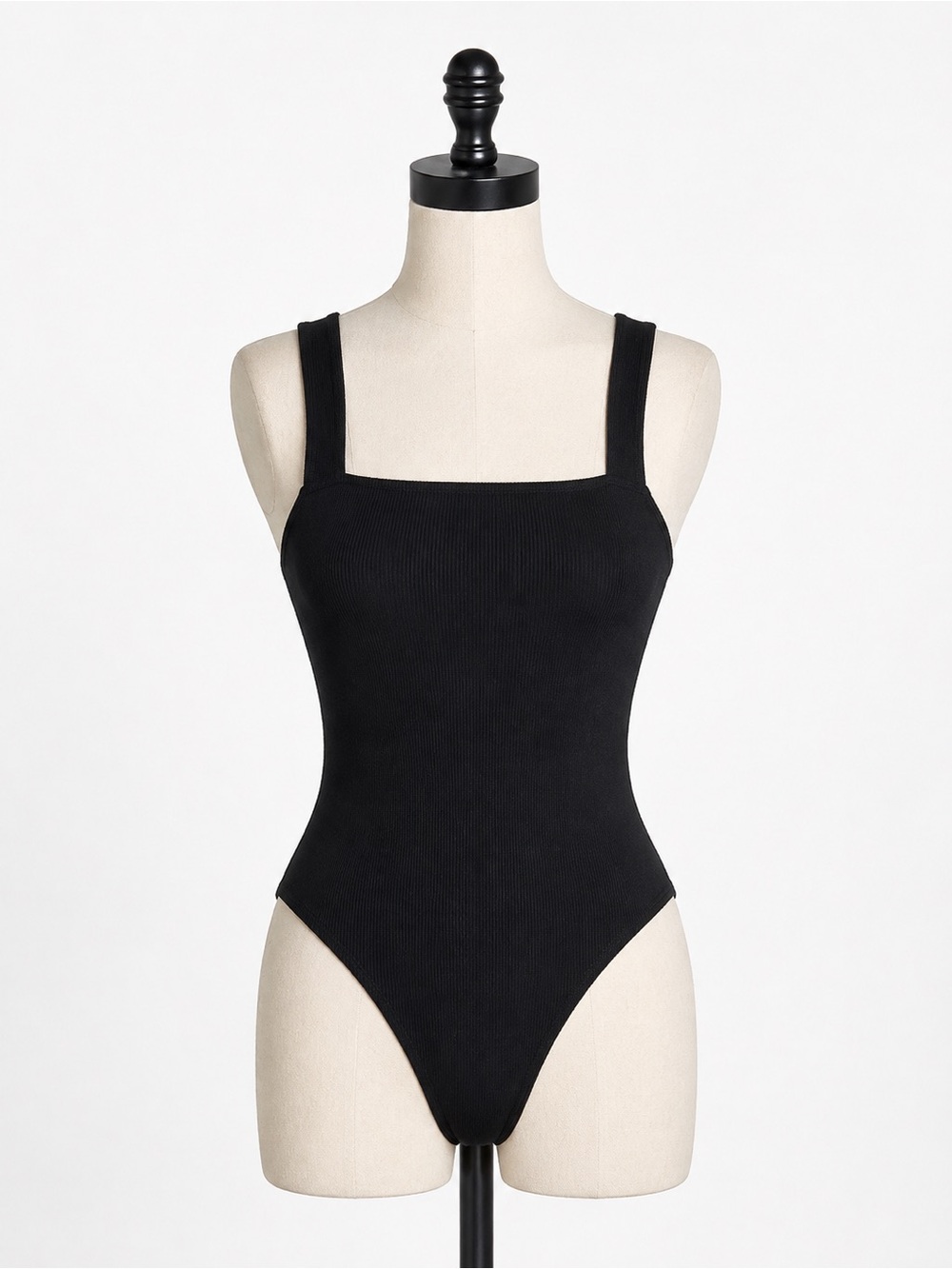 Black Square-Neck Ribbed One-Piece Body Suit